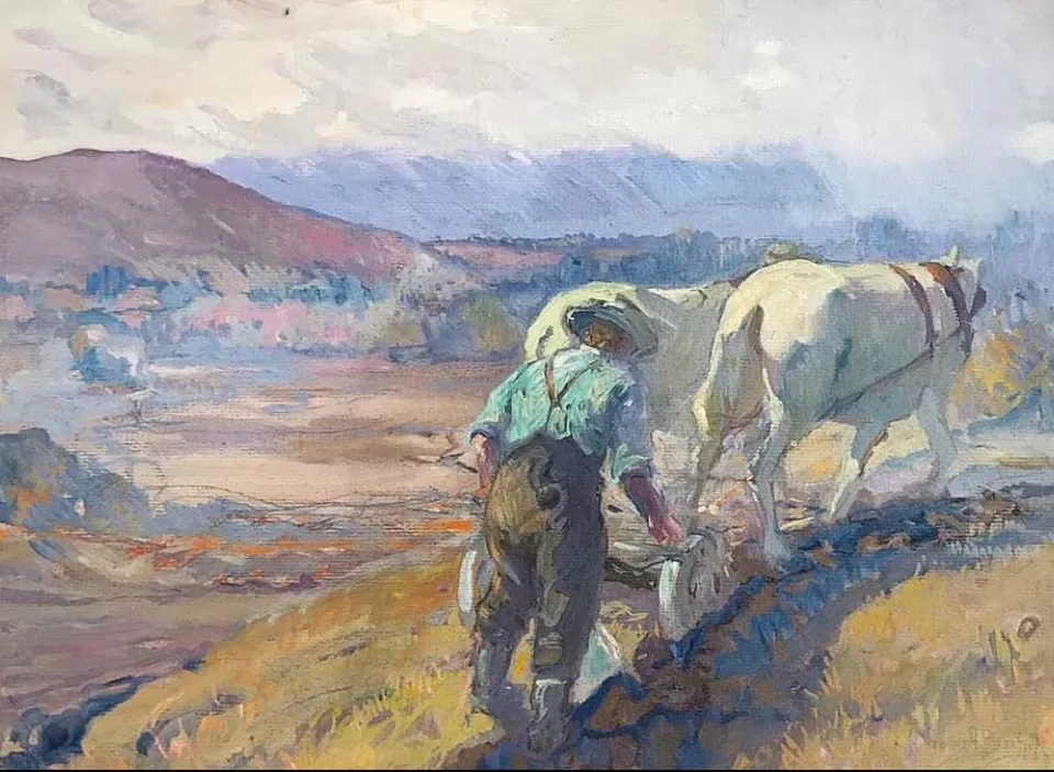 Franz A. Bischoff, Plowing the Fields, oil on paper