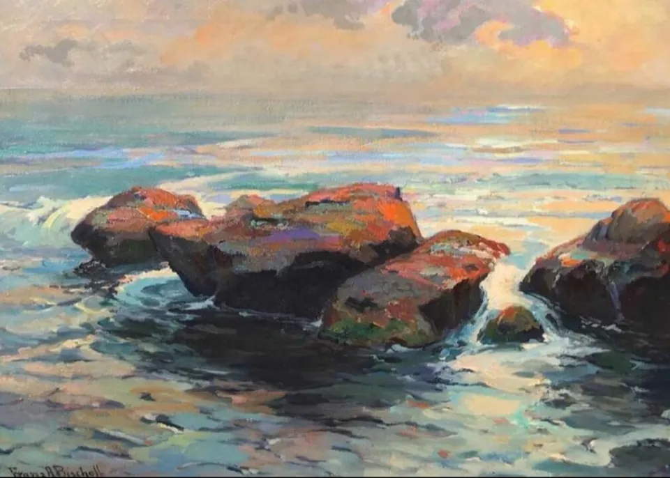 Franz A. Bischoff, Rocks and Surf Glistening, oil on canvas